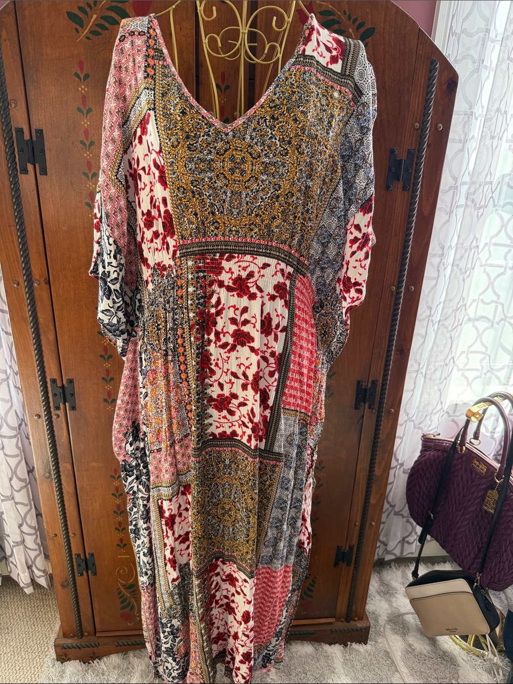 Gigio med boho Patchwork V-Neck Maxi Dress - muted Red Multi slimming sku40